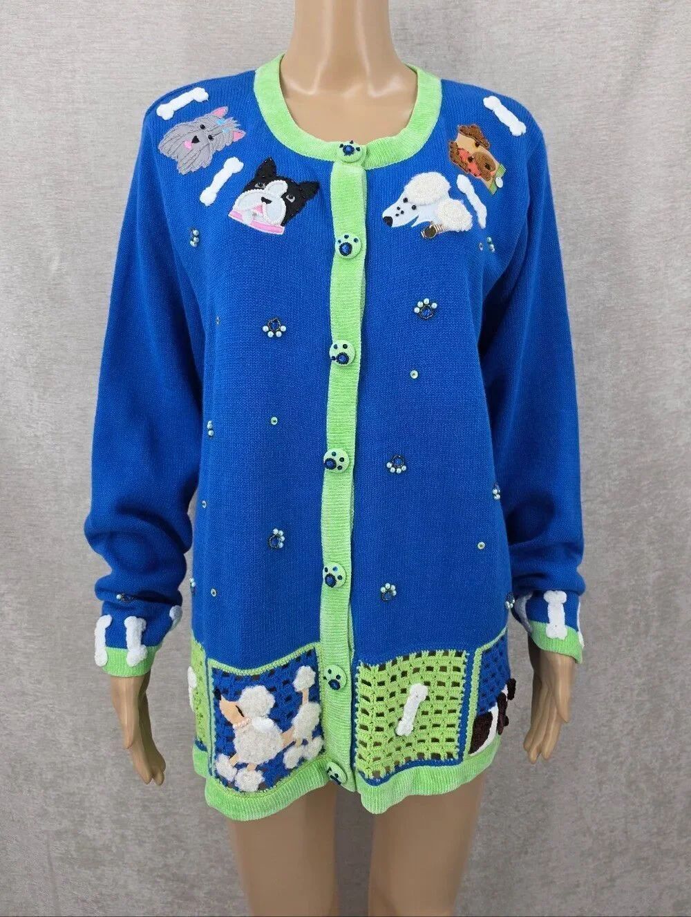 Quacker Factory Knit & Crochet  Beaded Dog Poodke Cardigan Sweater Blue Lime Y2K